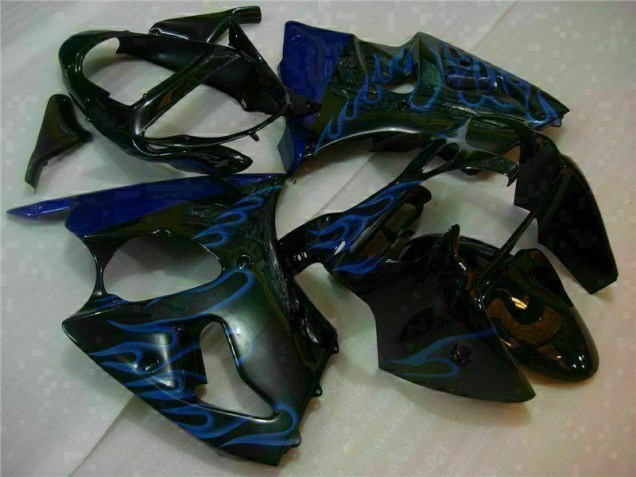 00-02 Black with Blue Flame Kawasaki ZX6R Motorcycle Fairings