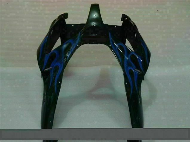 00-02 Black with Blue Flame Kawasaki ZX6R Motorcycle Fairings