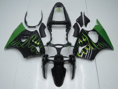 00-02 Black with Green Flame Kawasaki ZX6R Motorcycle Fairings