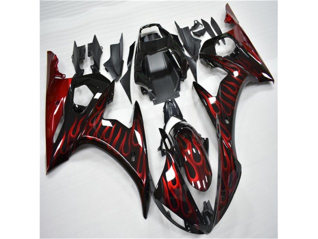 03-05 Black Red Flame Yamaha YZF R6 Motorcycle Fairings