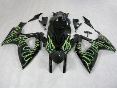 06-07 Black Green Flame Suzuki GSXR 600 Motorcycle Fairings