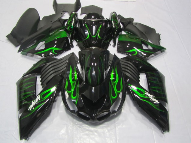 06-11 Black Green Flame Ninja Kawasaki ZX14R ZZR1400 Motorcycle Fairings